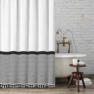 Seasonwood Farmhouse Shower Curtain Tassel 96 Inch  Black White Striped 72 x 96